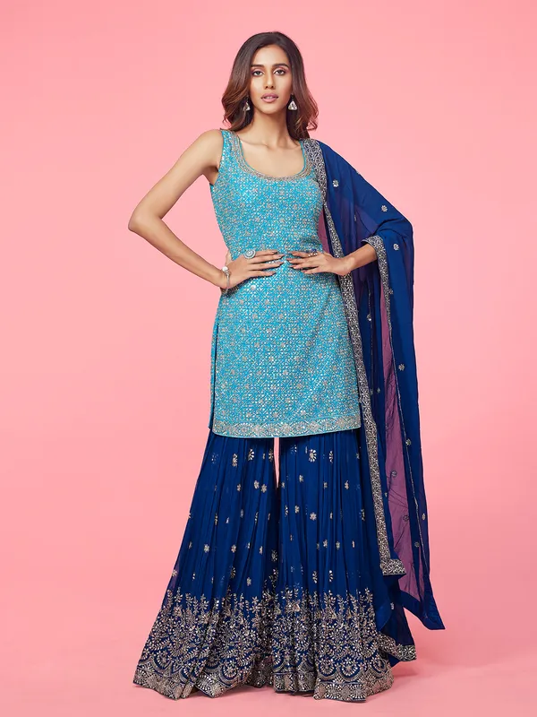 Elegant blue georgette sharara suit