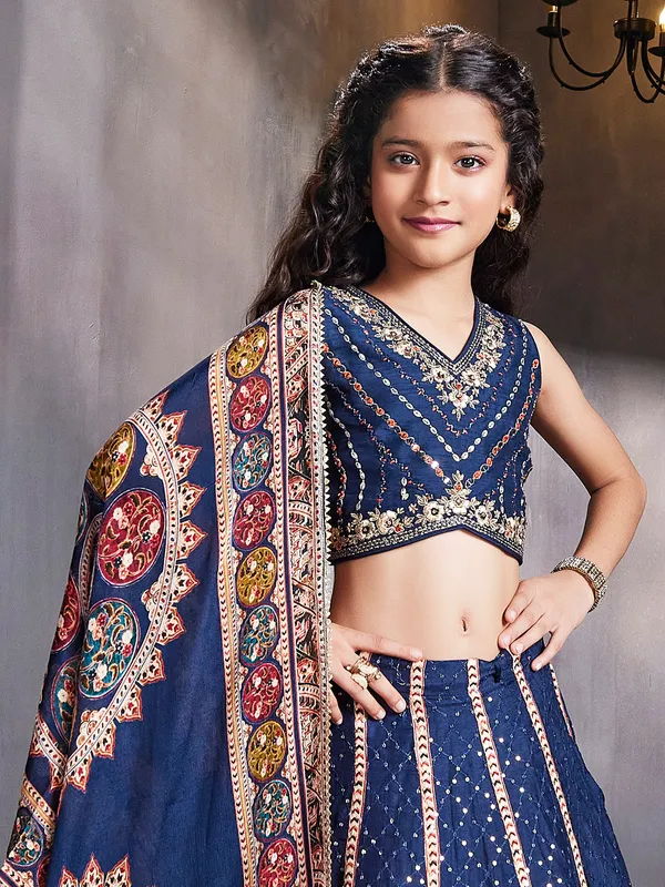 Elegant blue printed silk lehenga choli