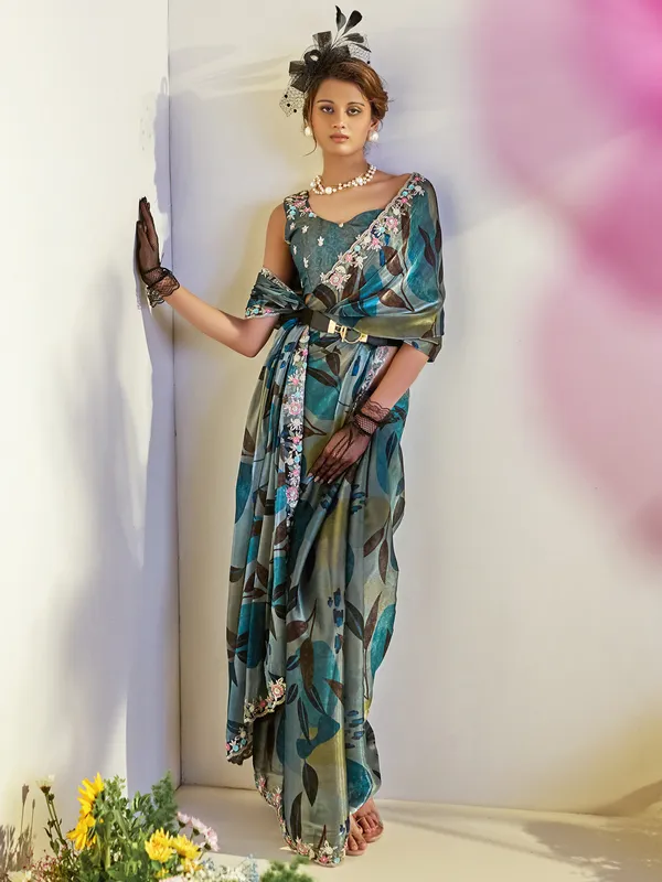 Elegant blue printed tissue silk saree