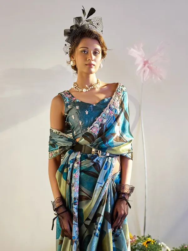 Elegant blue printed tissue silk saree