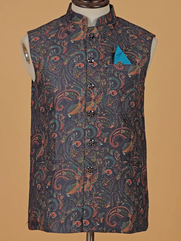 Elegant blue terry rayon printed waistcoat