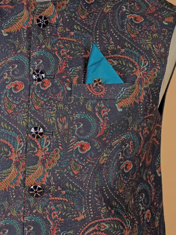 Elegant blue terry rayon printed waistcoat