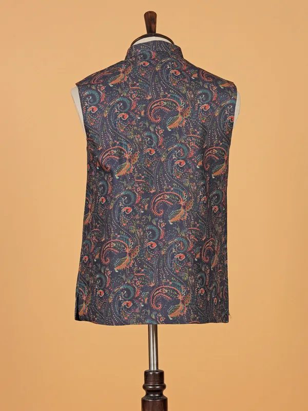 Elegant blue terry rayon printed waistcoat