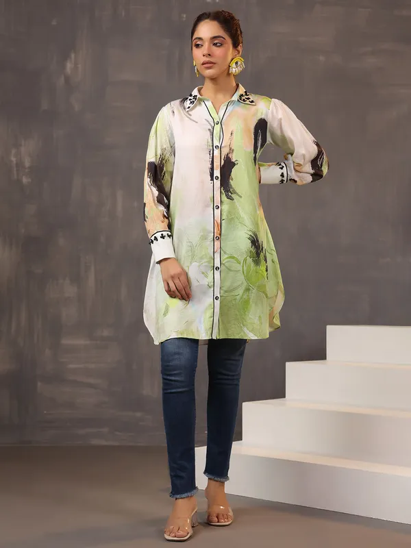 Elegant cream and beige silk tunic top