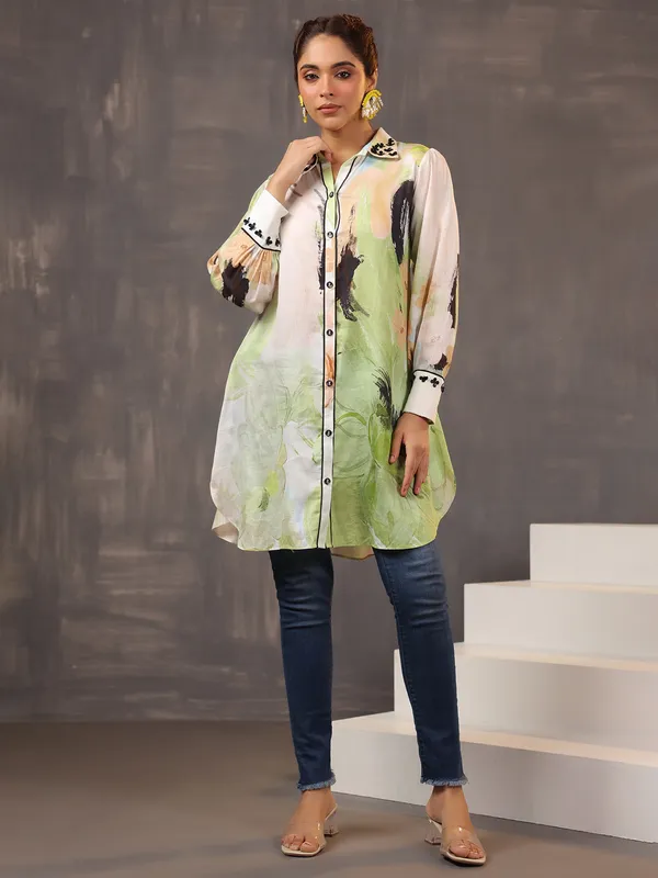 Elegant cream and beige silk tunic top
