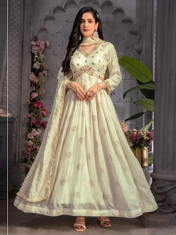 Elegant cream banarasi silk anarkali suit