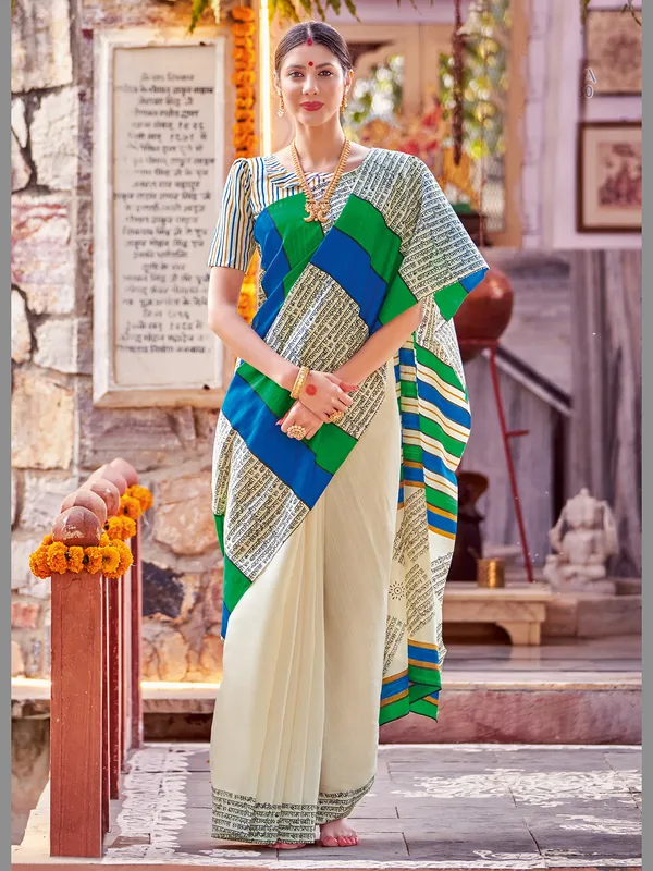 Elegant cream bhagalpuri silk saree with print