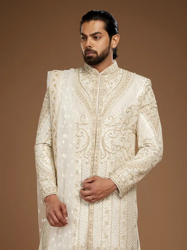 Elegant cream embroidery groom sherwani