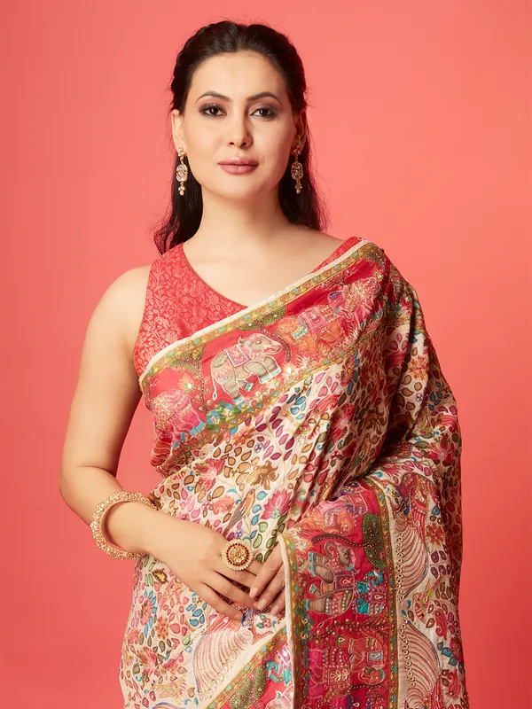 Elegant cream pashmina silk saree for wedding