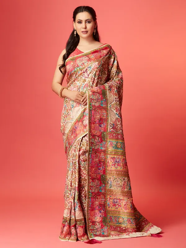 Elegant cream pashmina silk saree for wedding