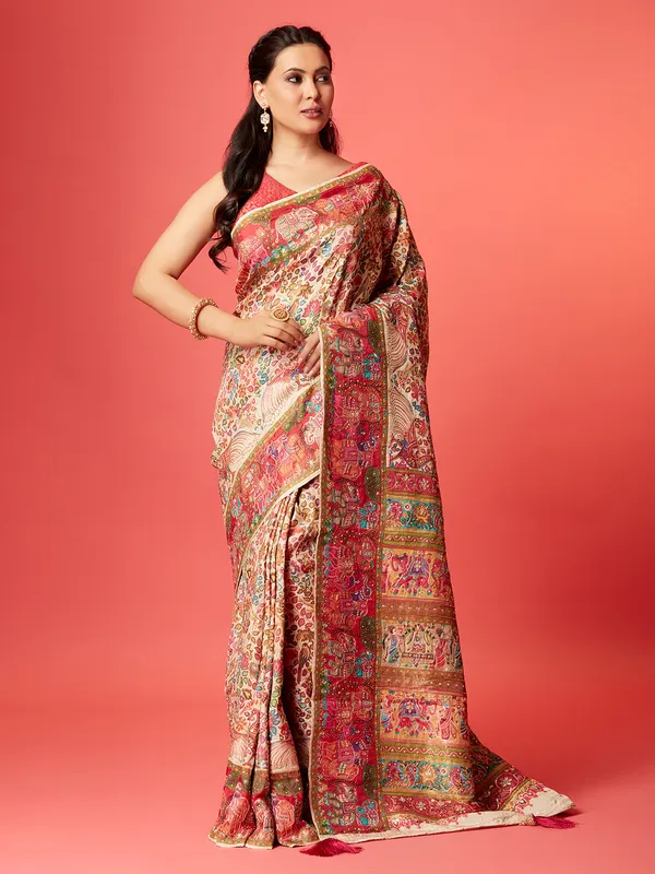 Elegant cream pashmina silk saree for wedding