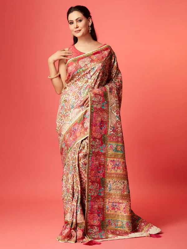 Elegant cream pashmina silk saree for wedding