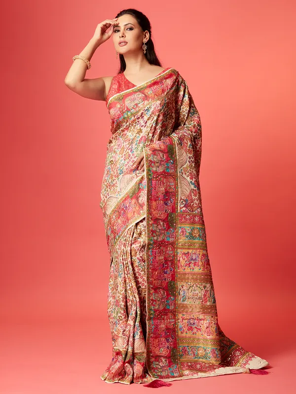 Elegant cream pashmina silk saree for wedding