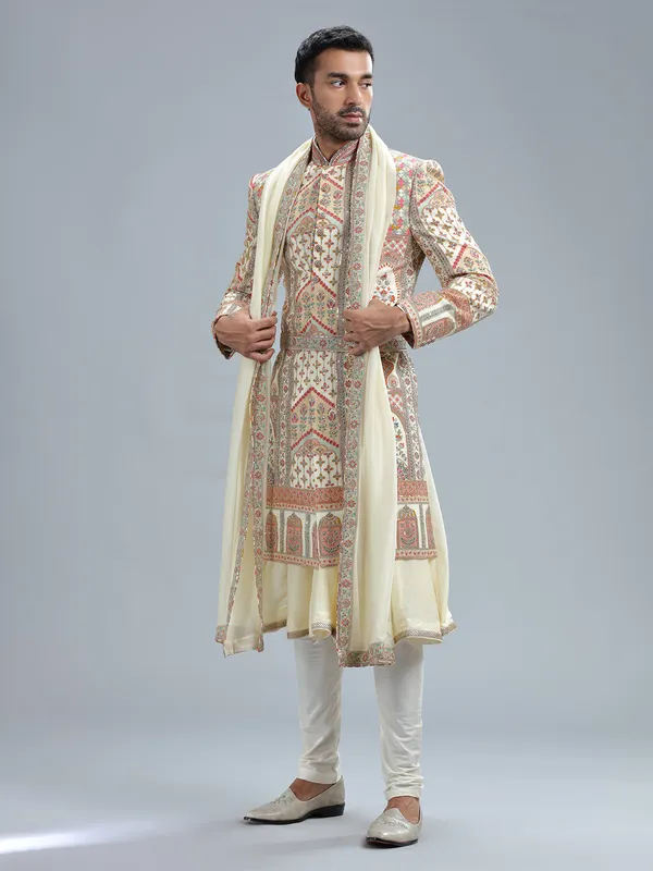 Elegant cream raw silk groom sherwani
