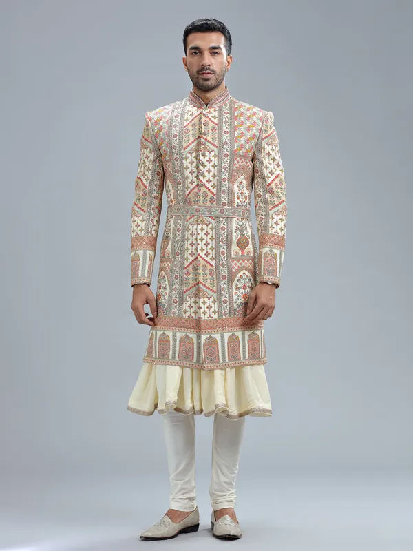 Elegant cream raw silk groom sherwani