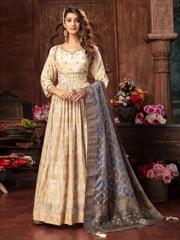 Elegant cream silk anarkali suit