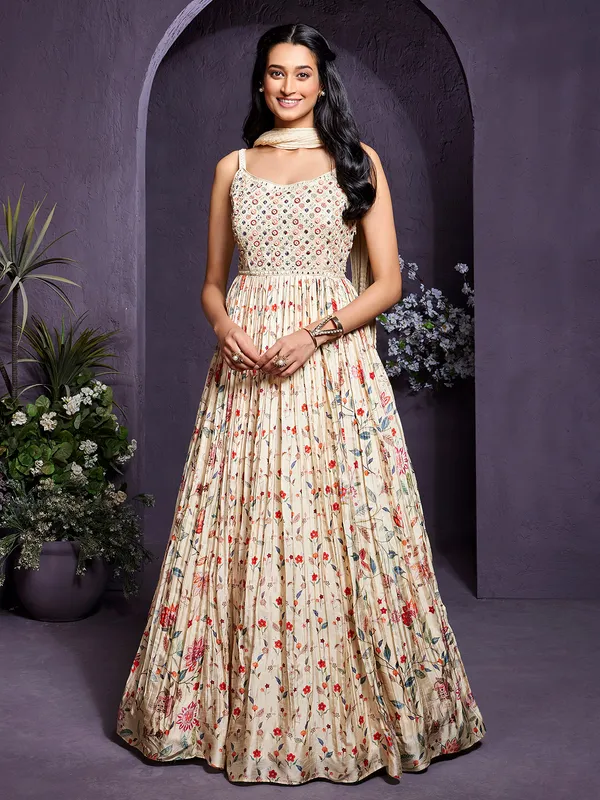 Elegant cream silk printed anarkali suit