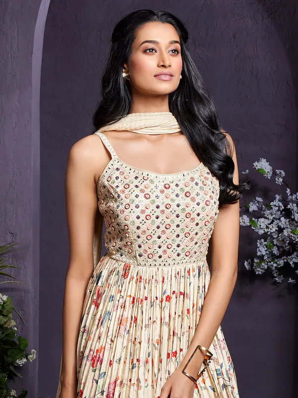 Elegant cream silk printed anarkali suit