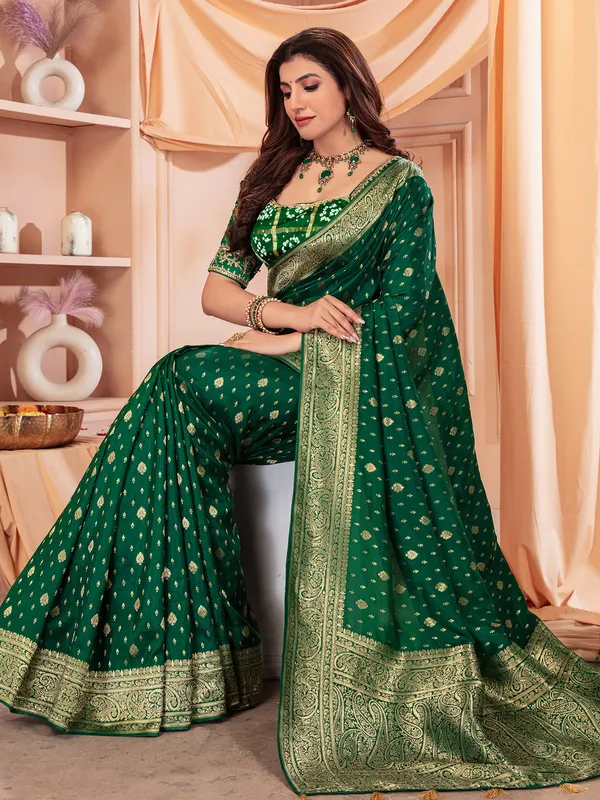 Elegant dark green dola silk saree