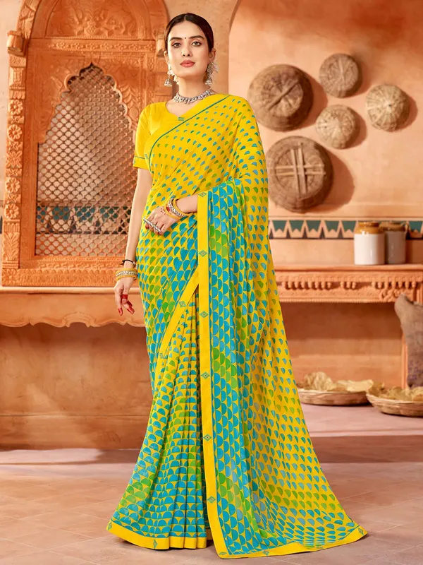 Elegant yellow printed saree in georgette