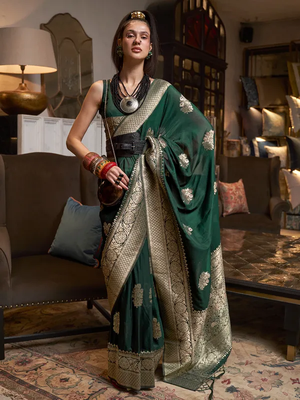 Dark green wedding saree in khadi georgette