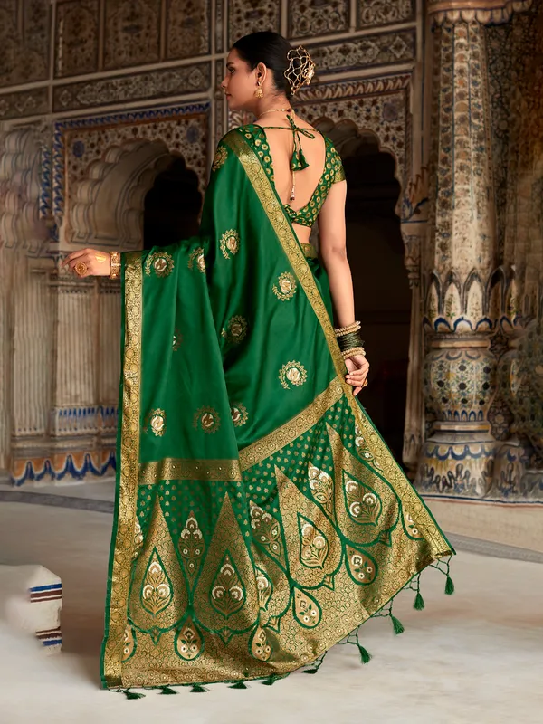 Elegant dark green satin silk saree