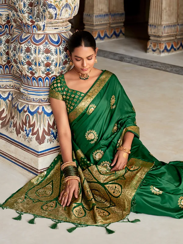 Elegant dark green satin silk saree