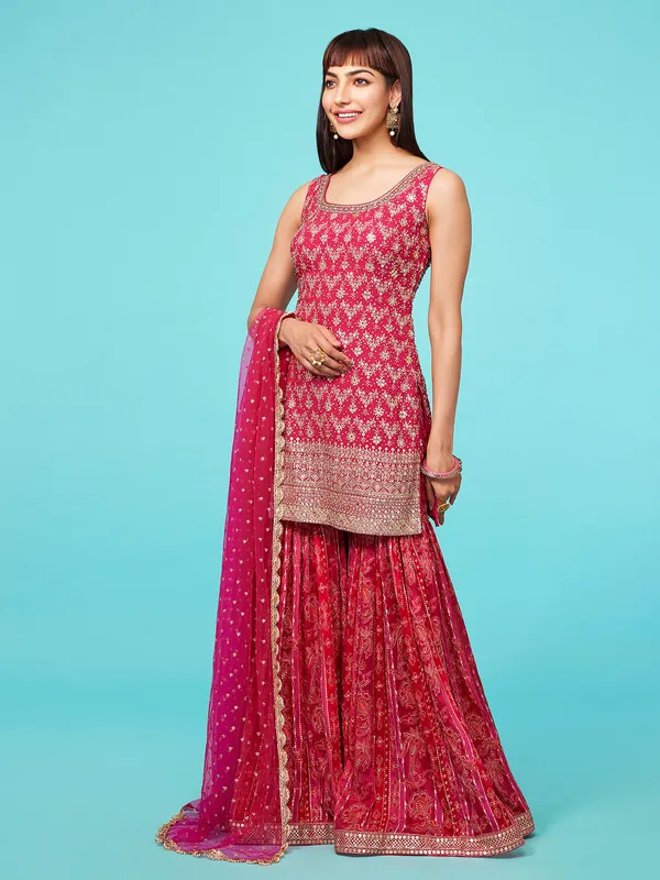 Elegant dark pink georgette sharara suit
