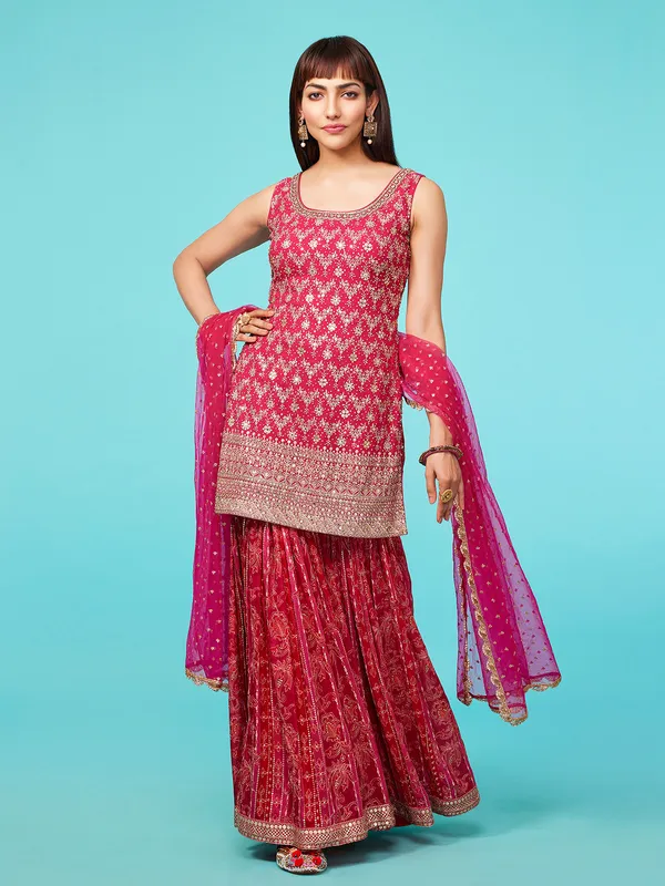 Elegant dark pink georgette sharara suit