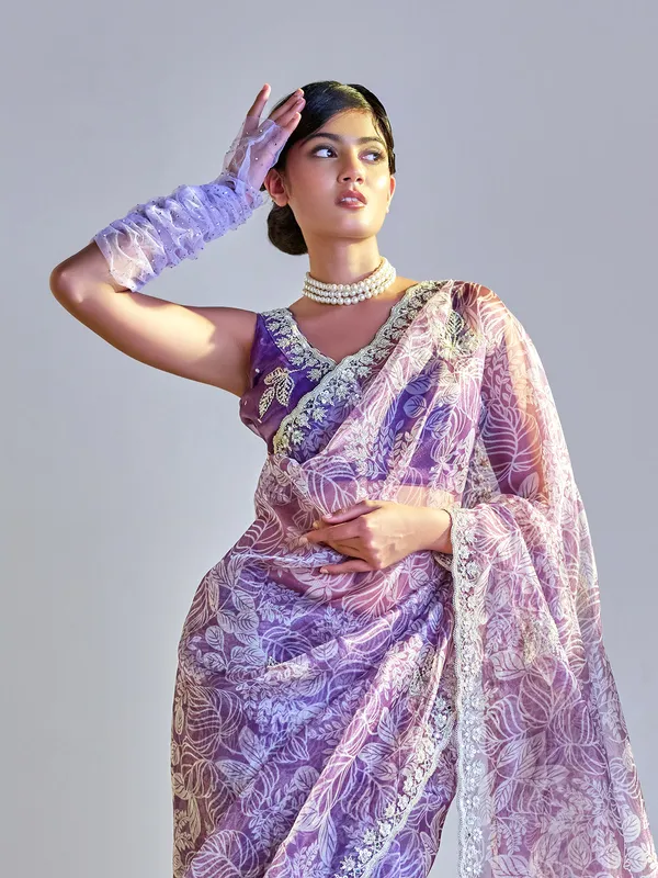 Elegant dark purple printed tissue silk saree