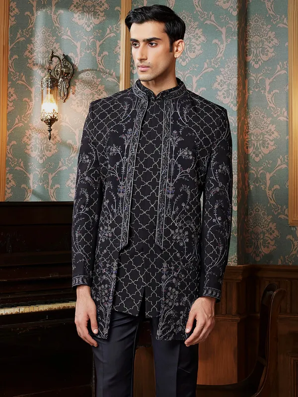 Elegant deep black Indowestern for men