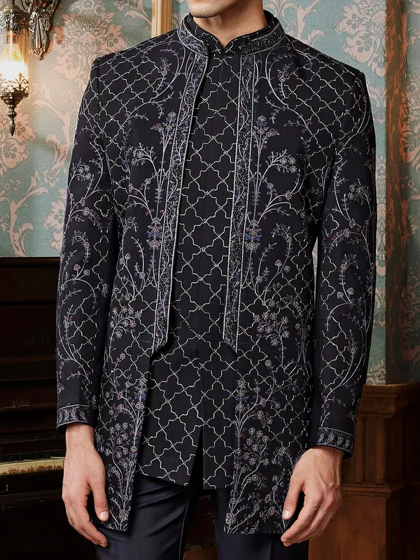 Elegant deep black Indowestern for men