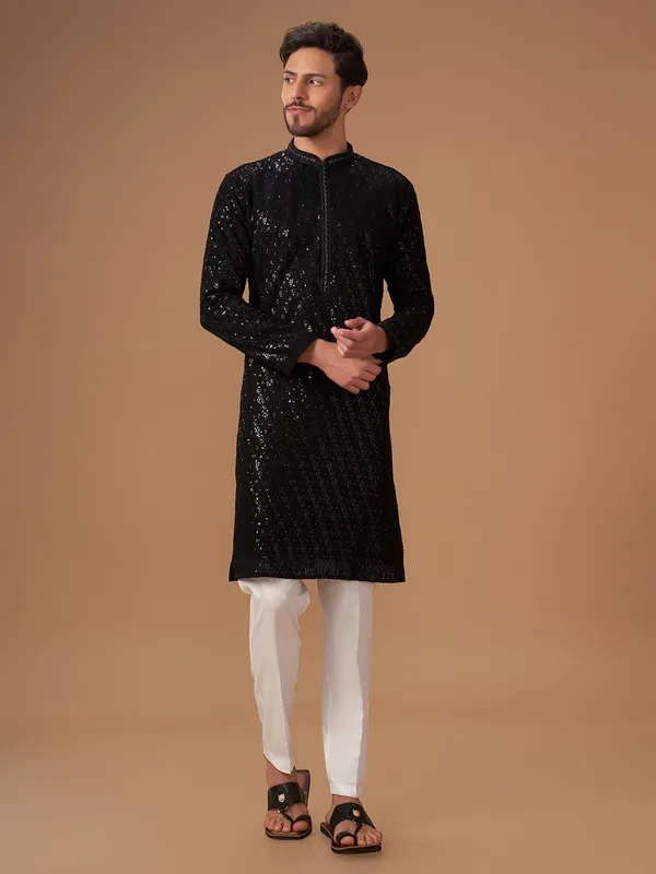 Elegant georgette black  Men Kurta pajama