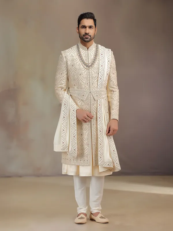 Elegant golden silk peshwa style sherwani for groom