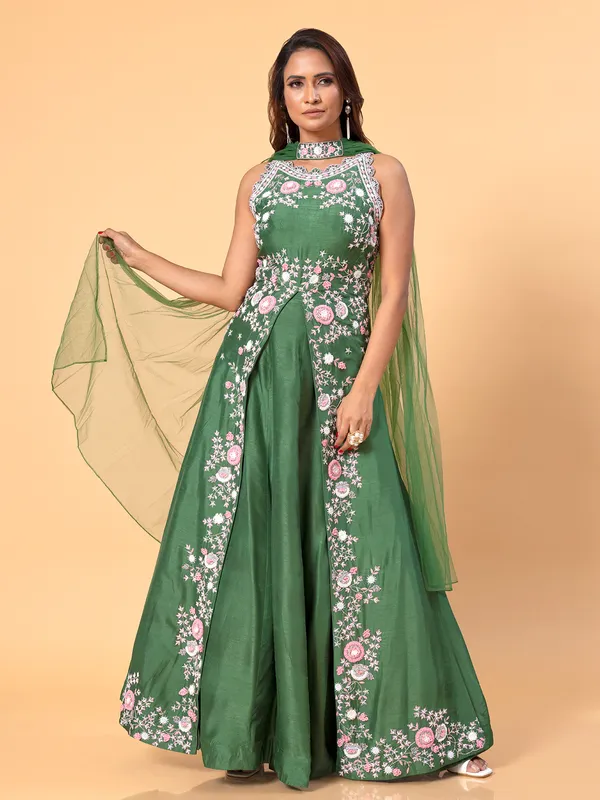 Elegant green raw silk lehenga suit