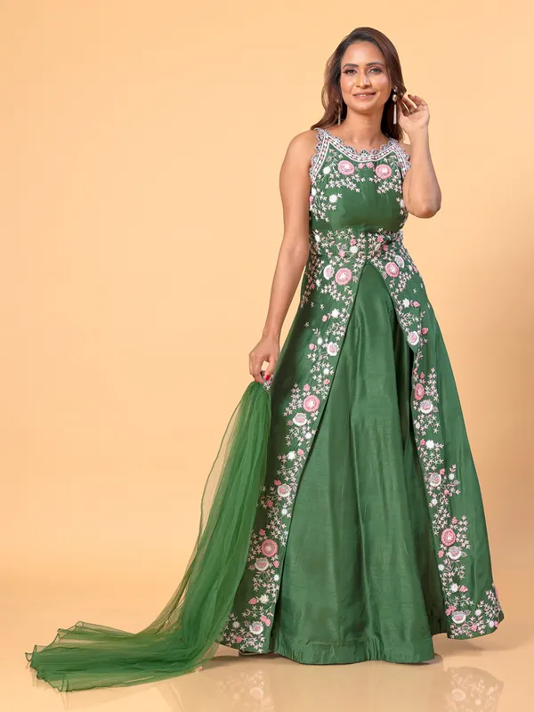 Elegant green raw silk lehenga suit