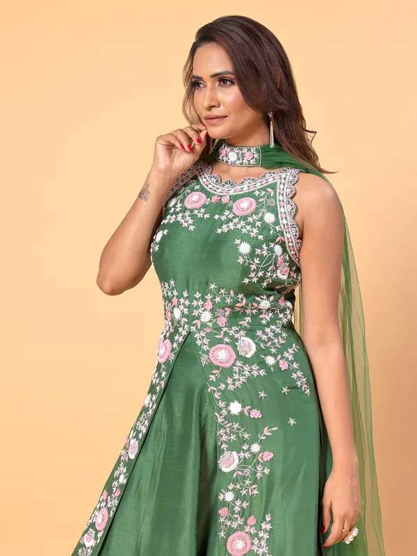 Elegant green raw silk lehenga suit