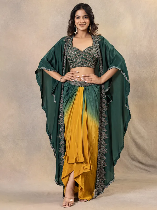 Elegant green silk indowestern suit for women