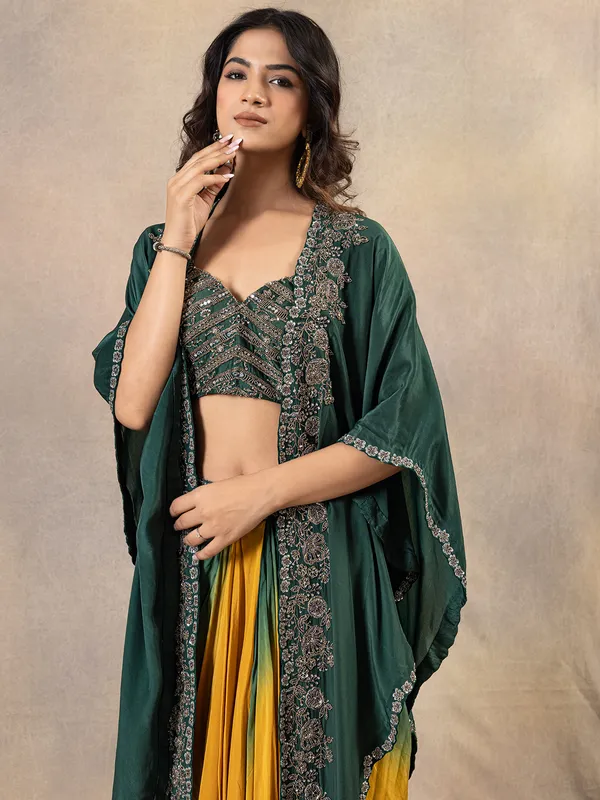 Elegant green silk indowestern suit for women