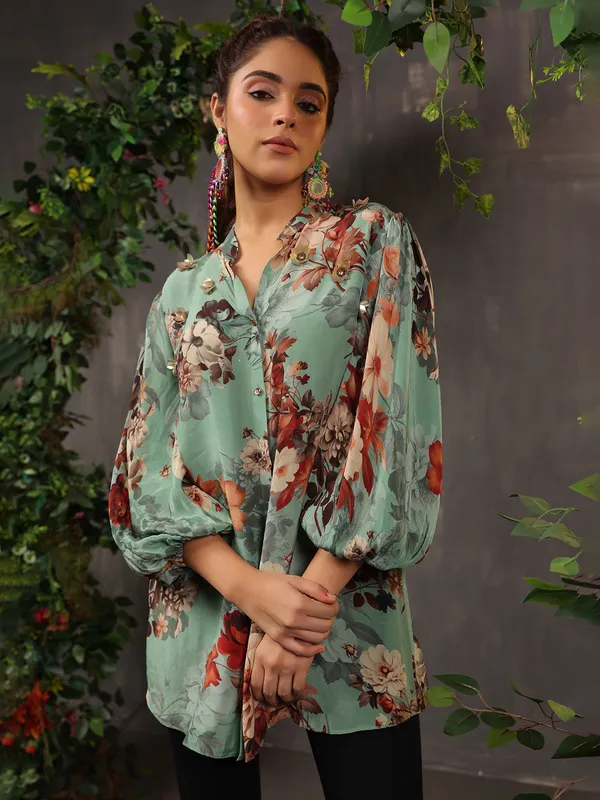 Elegant green silk top with floral print