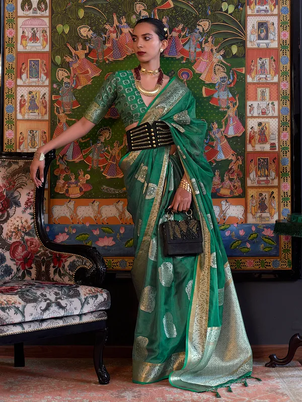 Elegant green zari weaving saree
