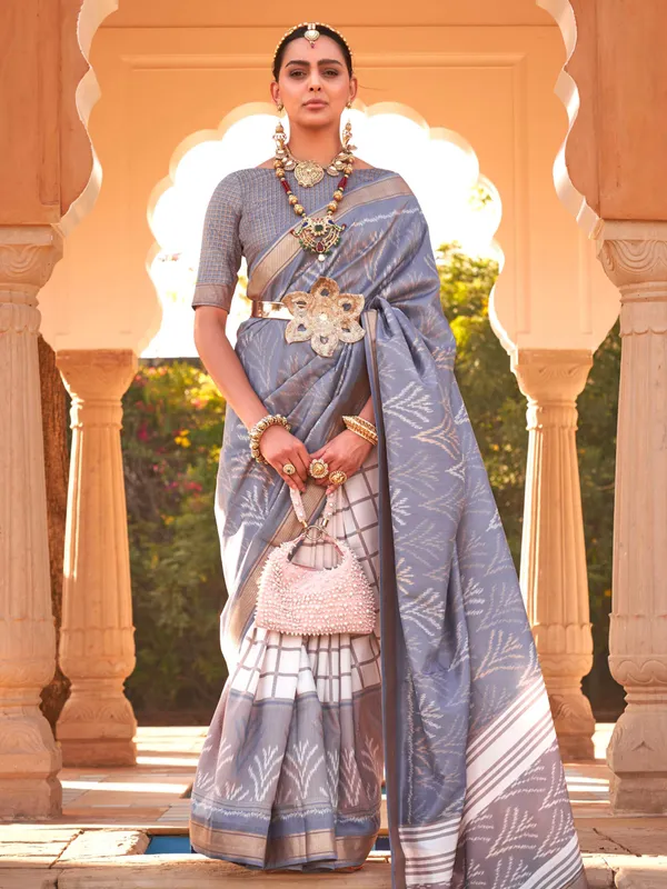 Elegant grey and white printed saree