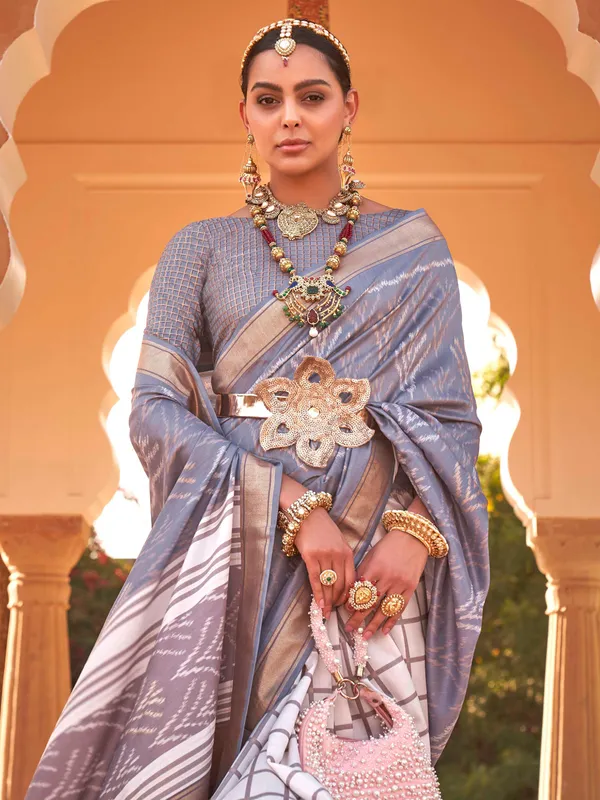 Elegant grey and white printed saree