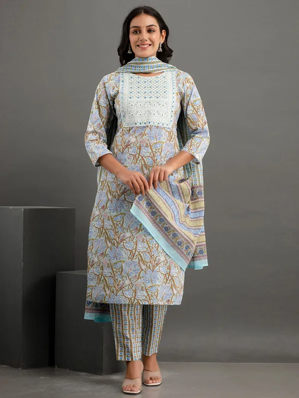 Elegant grey cotton printed kurti set