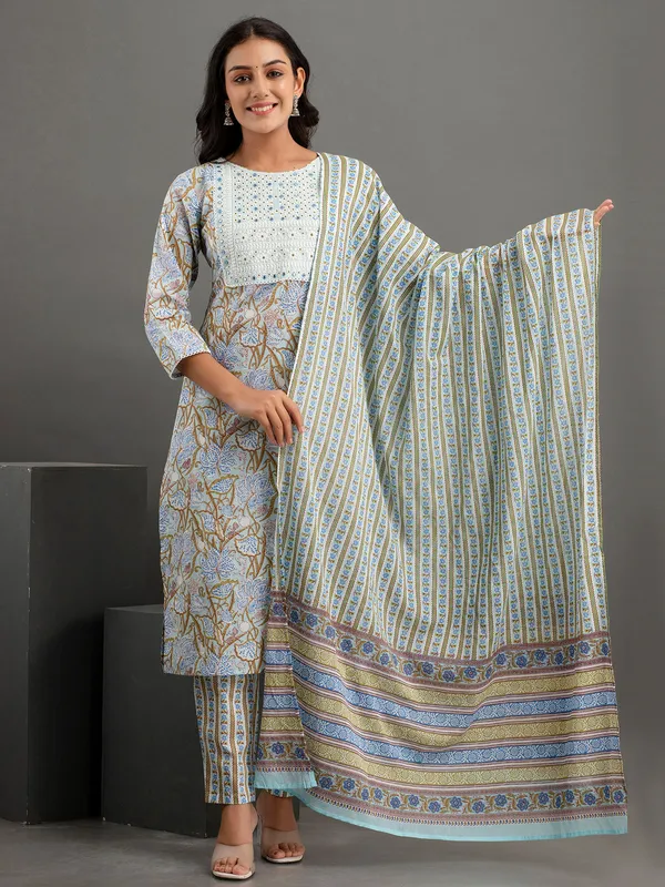 Elegant grey cotton printed kurti set