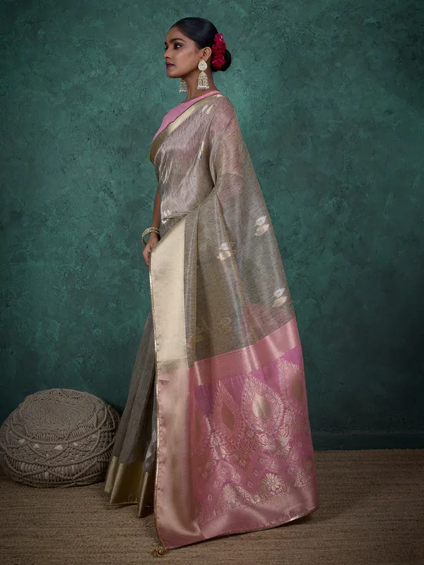 Elegant grey linen blend saree with zari weaving