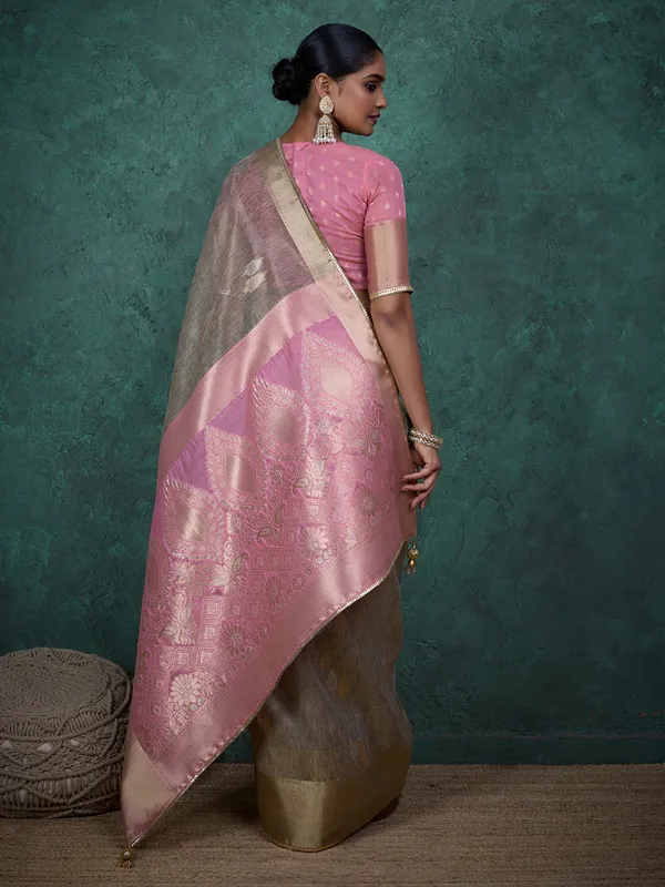 Elegant grey linen blend saree with zari weaving