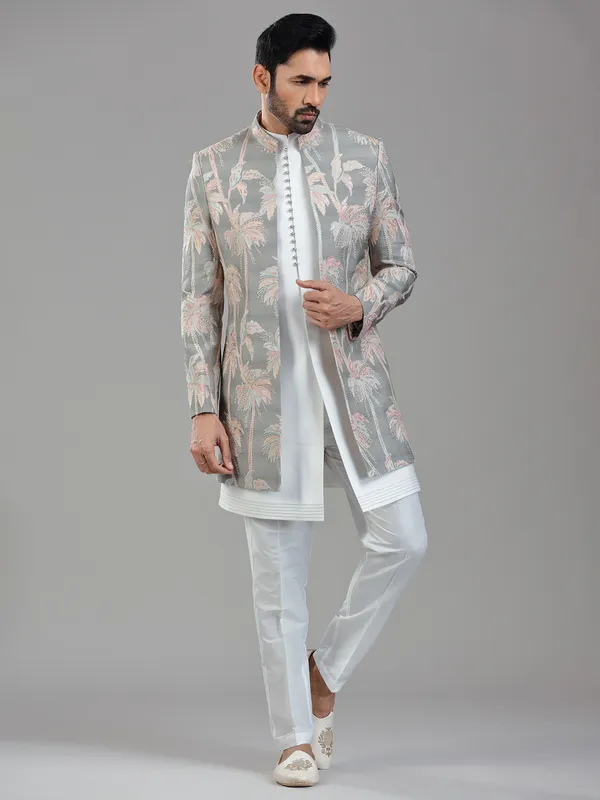 Elegant grey silk jacket style indowestern with stunning sequins