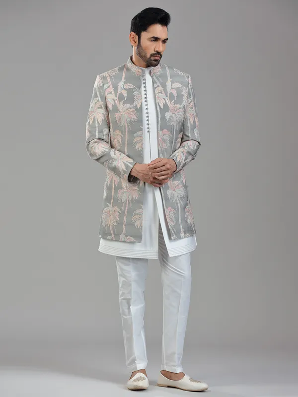 Elegant grey silk jacket style indowestern with stunning sequins