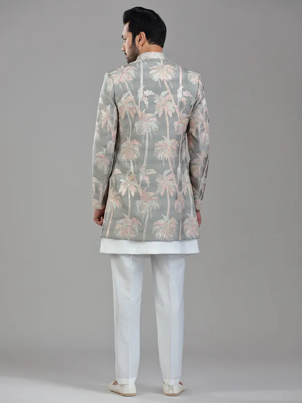 Elegant grey silk jacket style indowestern with stunning sequins